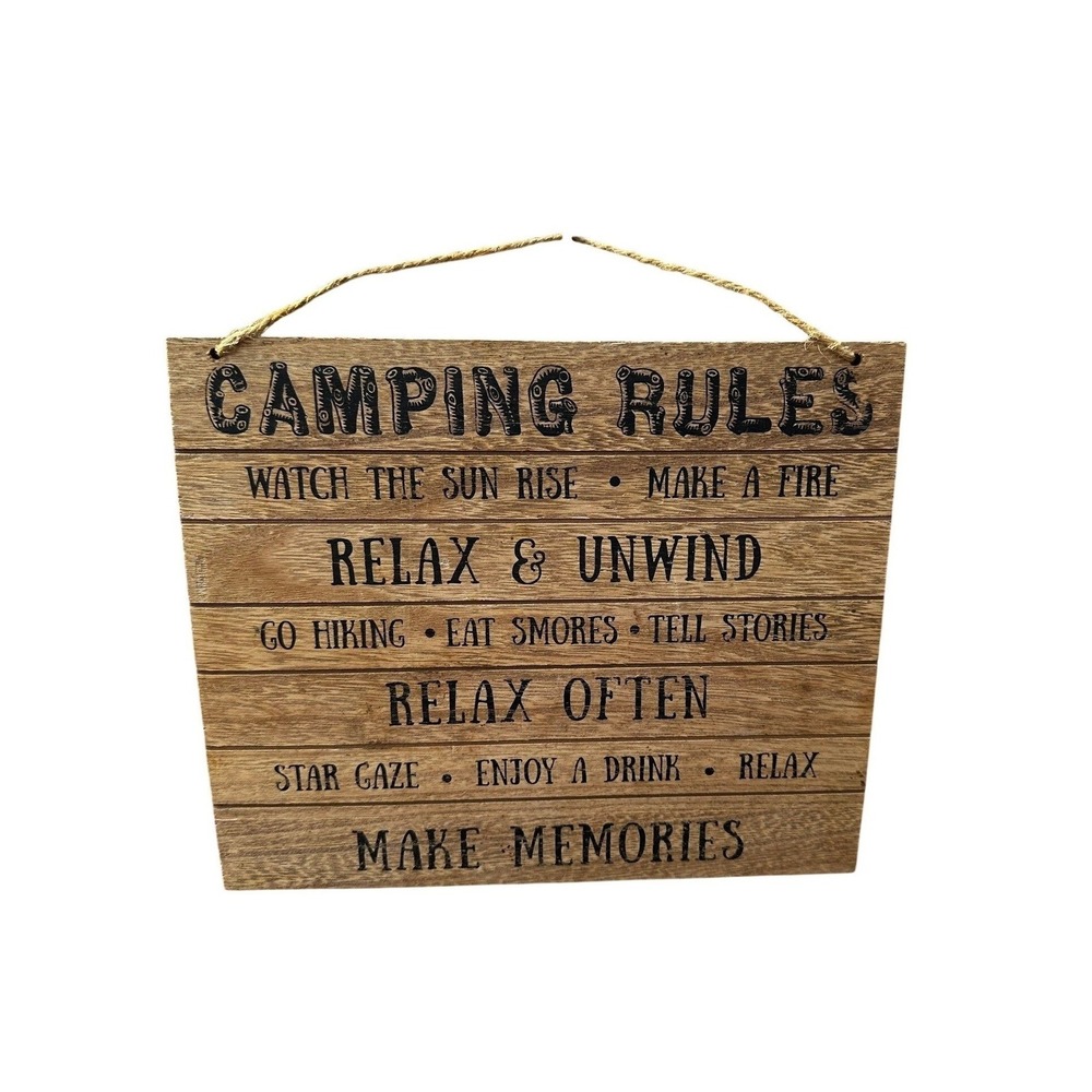 USA Camping Rules Sign Wood Rustic Wall Decor 11x11 in Hiking Relax Stars Fire